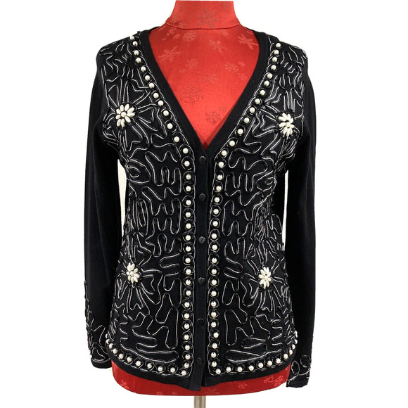 Black cardigan sweater lace applique pearl beadwork embellishment dressy size M - Picture 1 of 10
